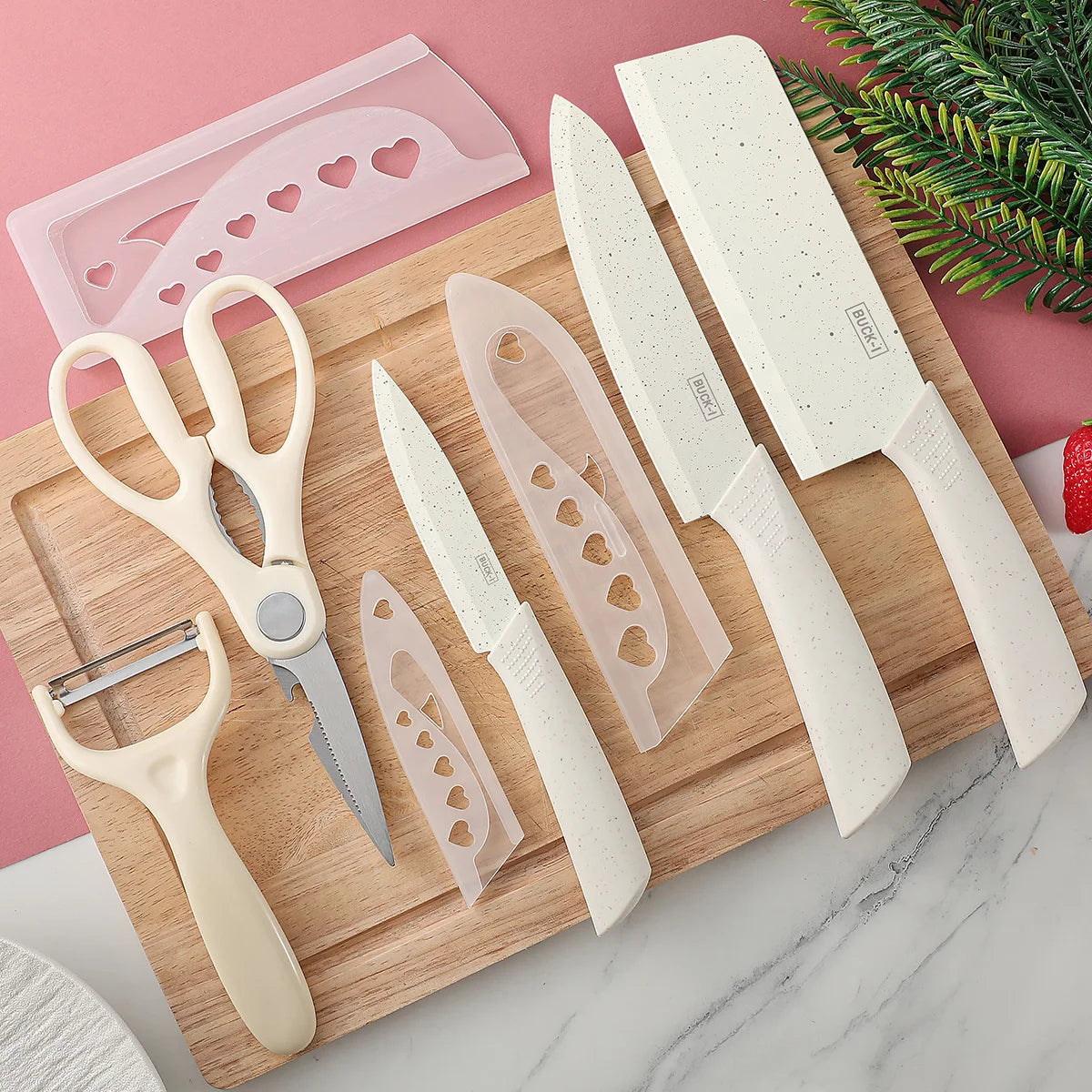Five-piece beige stainless steel kitchen knife set, including a full set for kitchen, dormitory, household use, including a chef