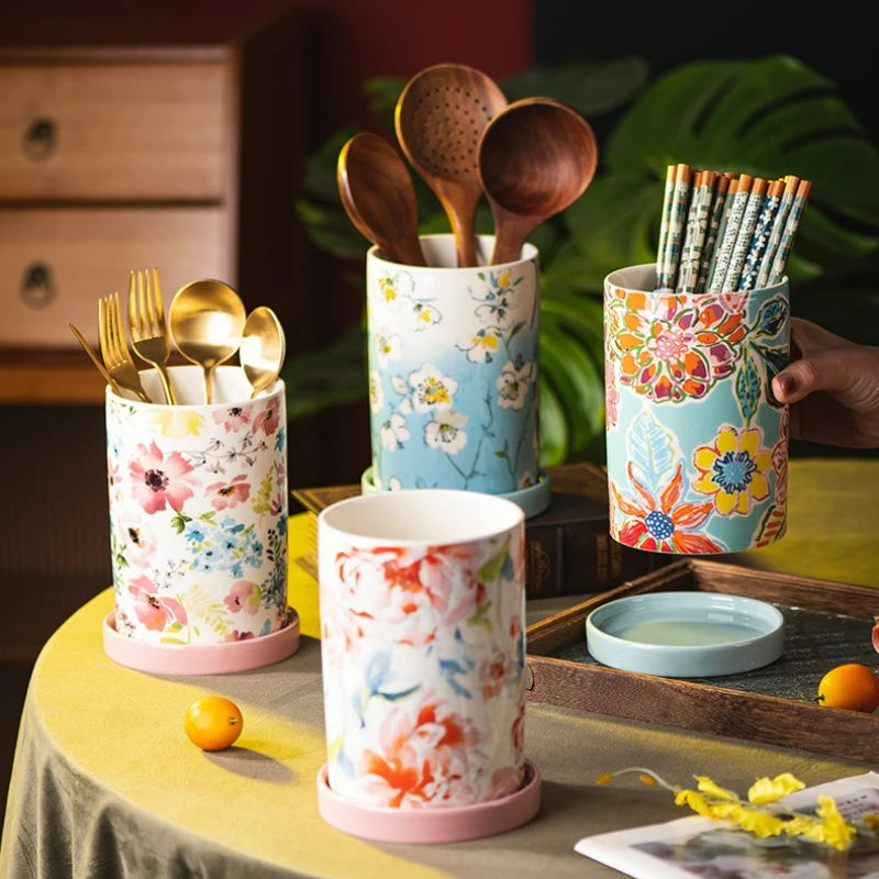 Ceramic Chopsticks Barrel Holder Knife Spoon and Fork Storages Holder Flower Storage Jar Household Kitchen Storage Supplies New