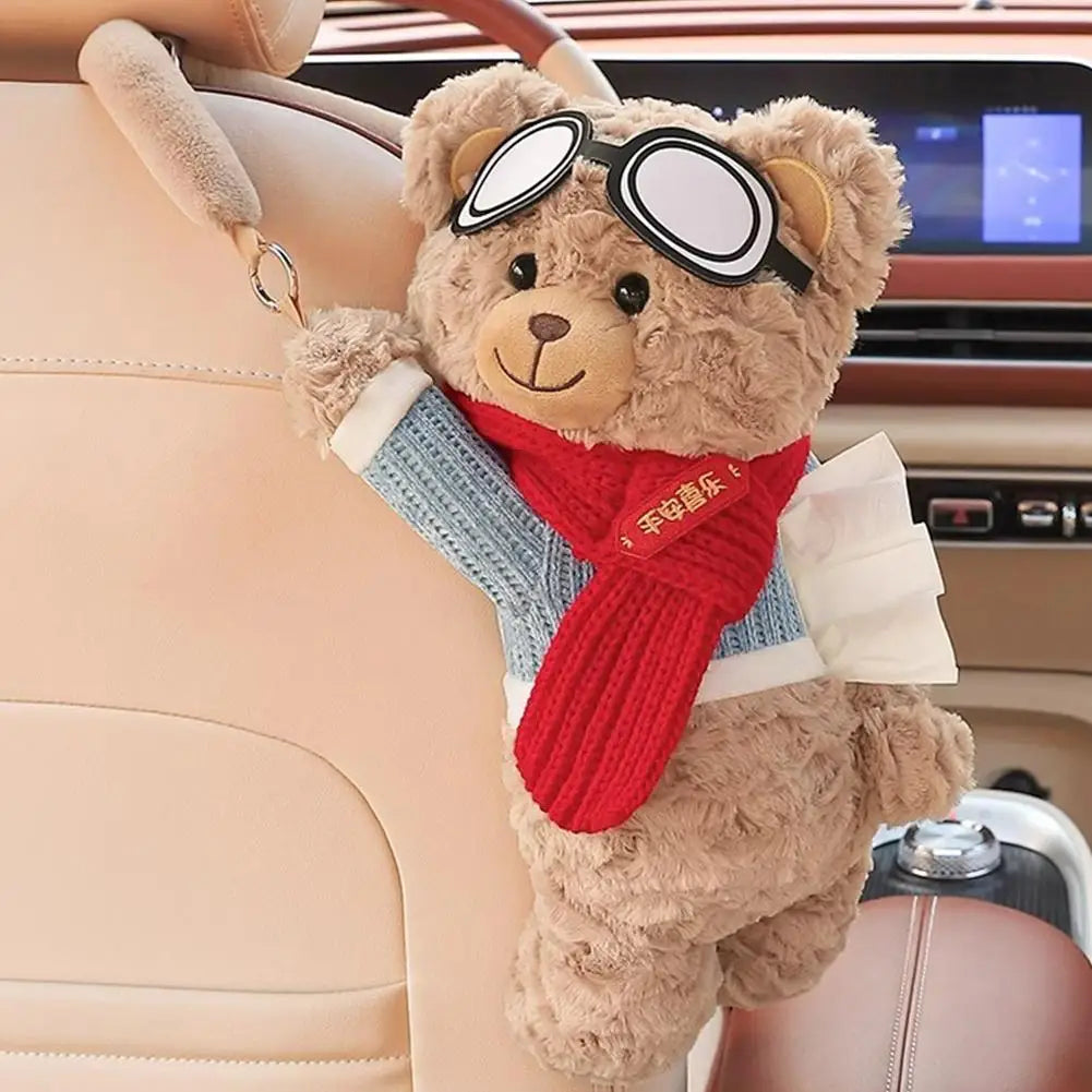 Creative Car Tissue Box Car Paper Box Cute Cartoon Interior Ornaments Short Plush Bear Multi-functional Storage Bag For Home