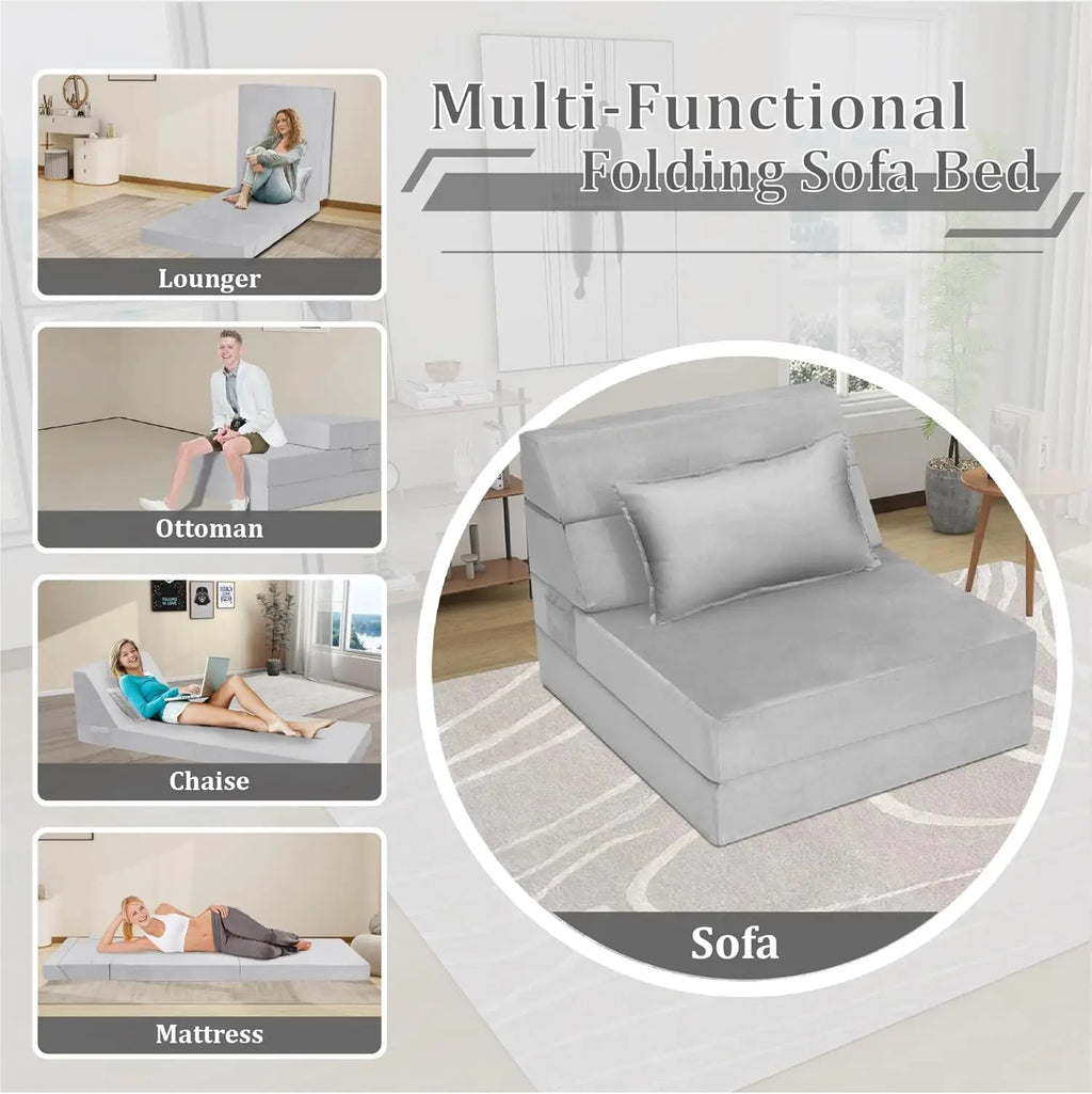 5 In 1 Folding Sofa Bed, Single Size Convertible Sleeper Chair With Pillow, Memory Foam Futon Couch, Velvet Fabric Washable