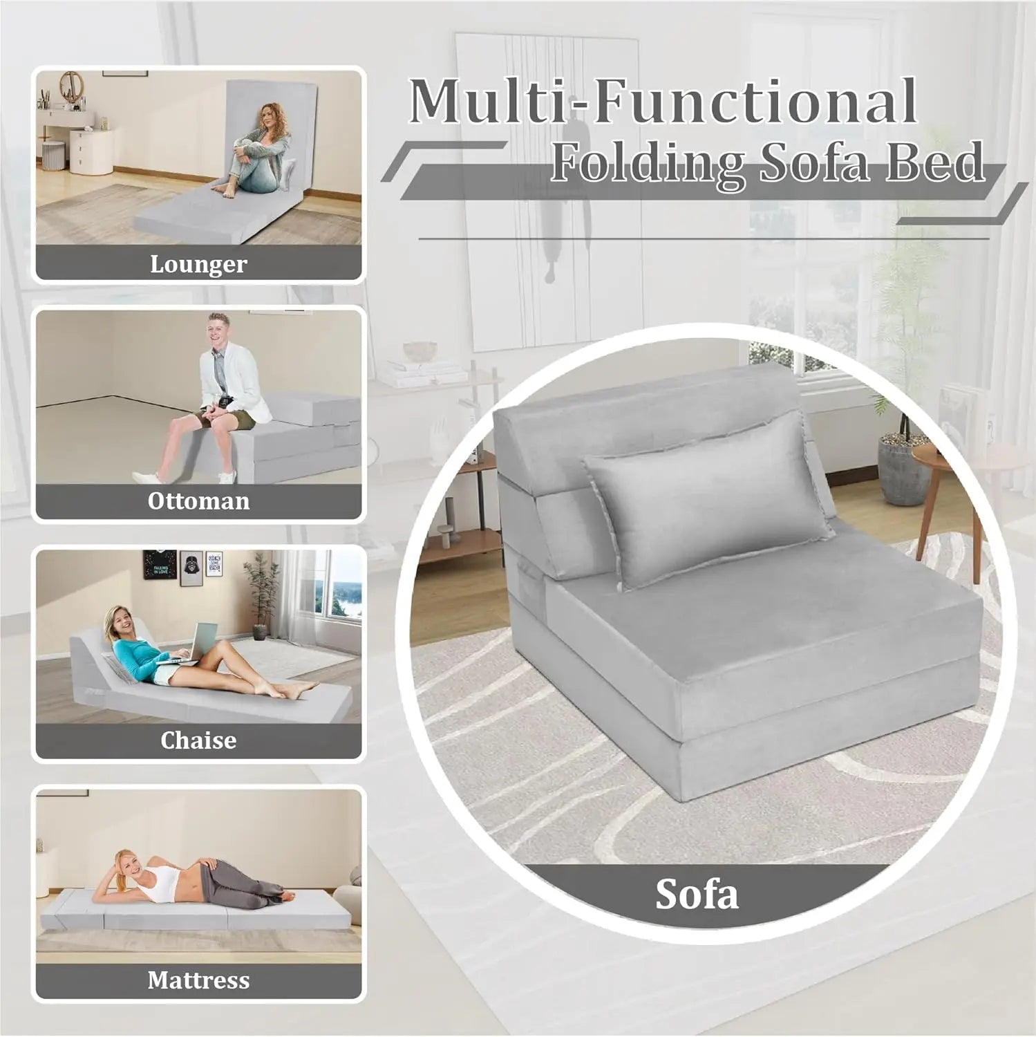 5 In 1 Folding Sofa Bed, Single Size Convertible Sleeper Chair With Pillow, Memory Foam Futon Couch, Velvet Fabric Washable