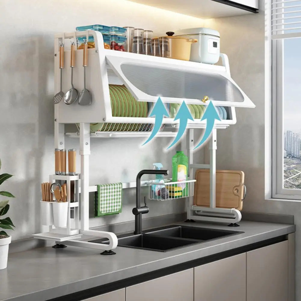 Over Sink Dish Rack Adjustable Height Sink Rack with Tableware Holder Hooks Chopping Board Holder Kitchen Storage for Drying