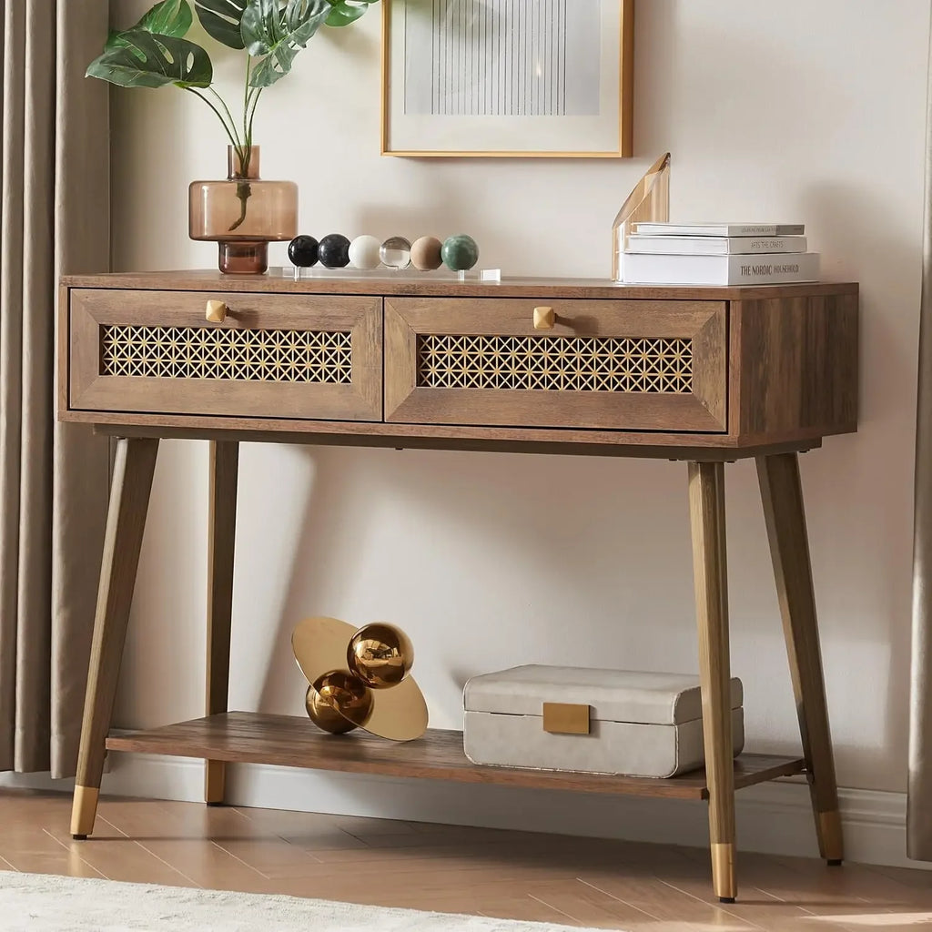 Mid Century Modern Console Table with 2 Drawers and Open Shelf, Narrow Wood Entryway Table for Living Room, Hallway,Bedroom