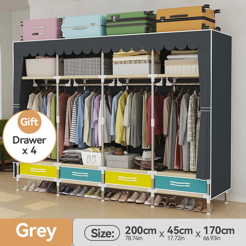 1 Piece of Simple and Modern Wardrobe, with Solid Color Curtain Door Curtain, Slide Rail, Assembly Rental, Economical, Sturdy, Durable, All-Steel Frame, Multi-Interface Fixed Home Storage Wardrobe, Suitable for Bedroom