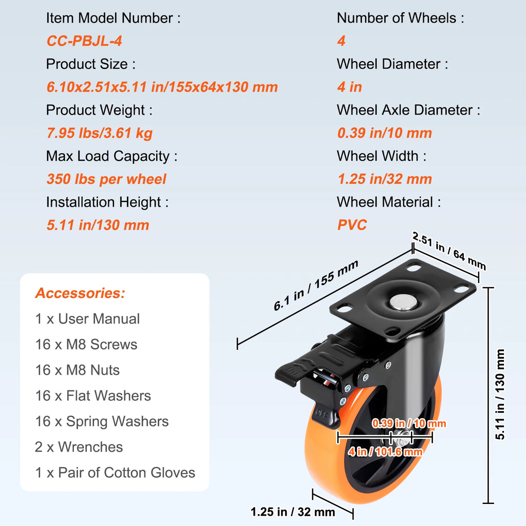 VEVOR 2/3/4/5/6-inch Swivel Plate Casters Set of 4 with Security Dual Locking PVC Caster Wheels for Cart Furniture Workbench