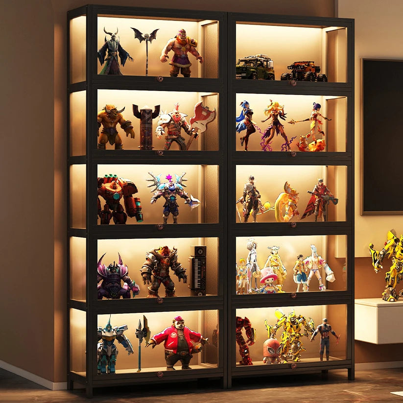 Display Cabinet Acrylic Curio Cabinet with Lock Glass Display Cabinet Natural Bamboo  Glass Cabinet Easy to Install，With Lights