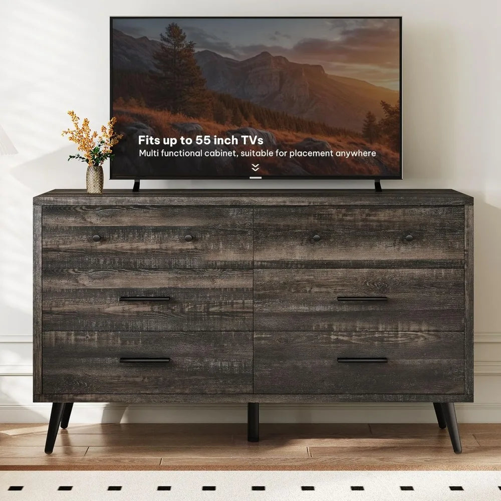 6-Drawer Dresser, Wood Storage Cabinet with Black Metal Handles & Anti-Tip Design, Modern Chest of Drawers for Living Room, Bed