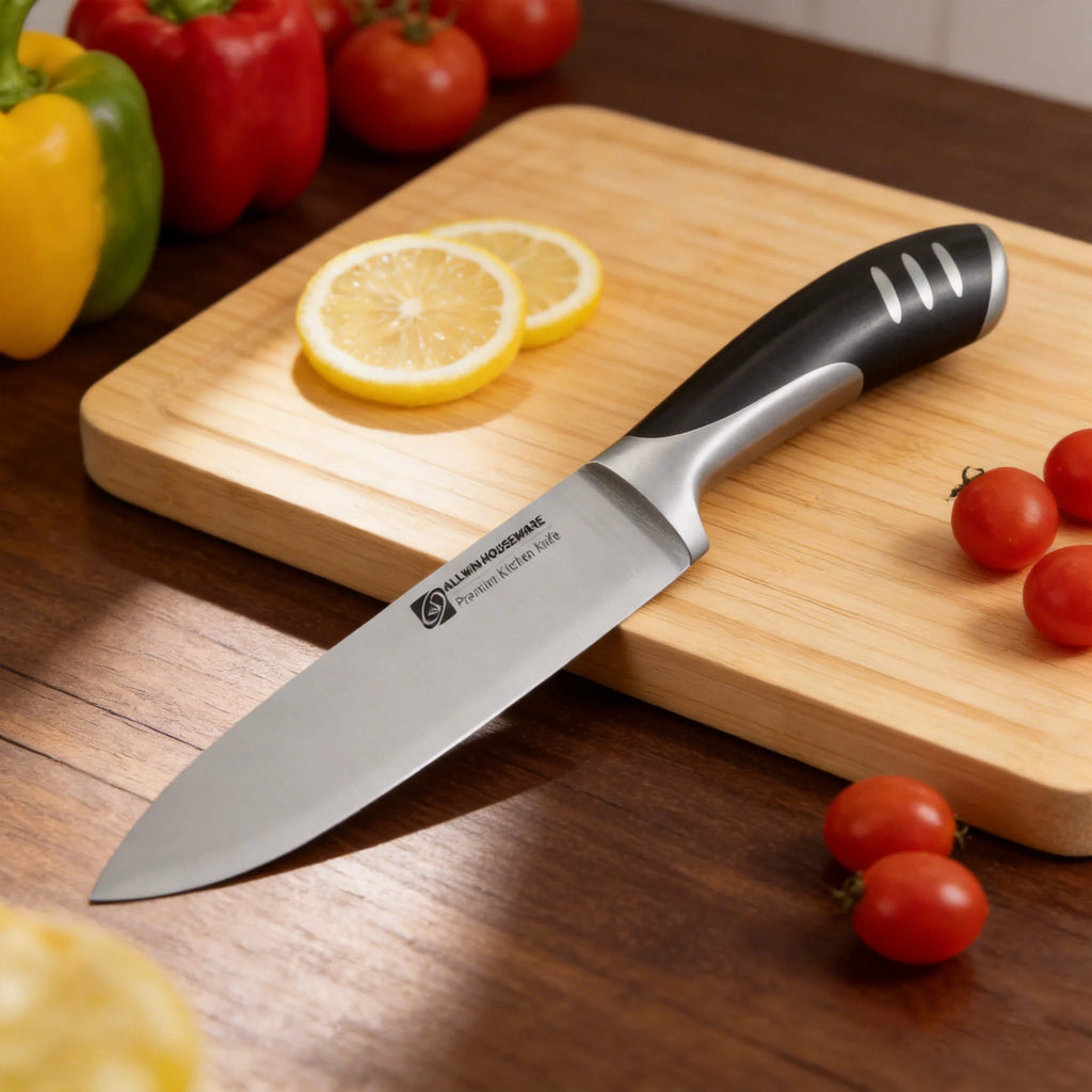 High-quality 8piece premium stainless steel kitchen knife set including kitchen chef knives with rubber wood block knife holders