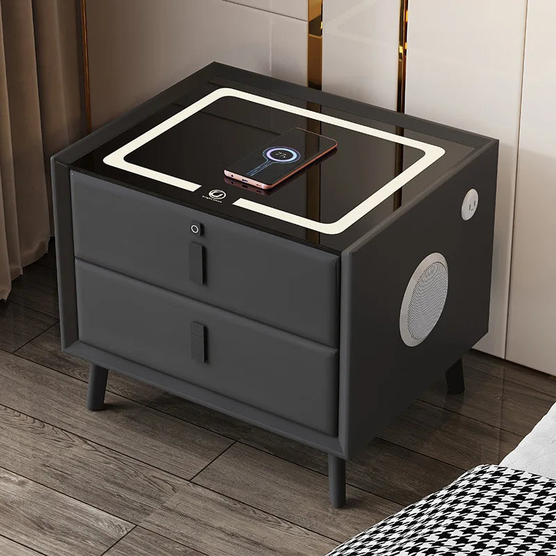 Nordic Style Smart Bedside Table with 2 Drawers 50cm Leather Nightstan