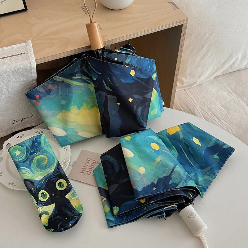 Cartoon Cat Green Folding Umbrella Professional Sun Protection And UV Protection Umbrella Dual use of Rain and Sunny Automatic