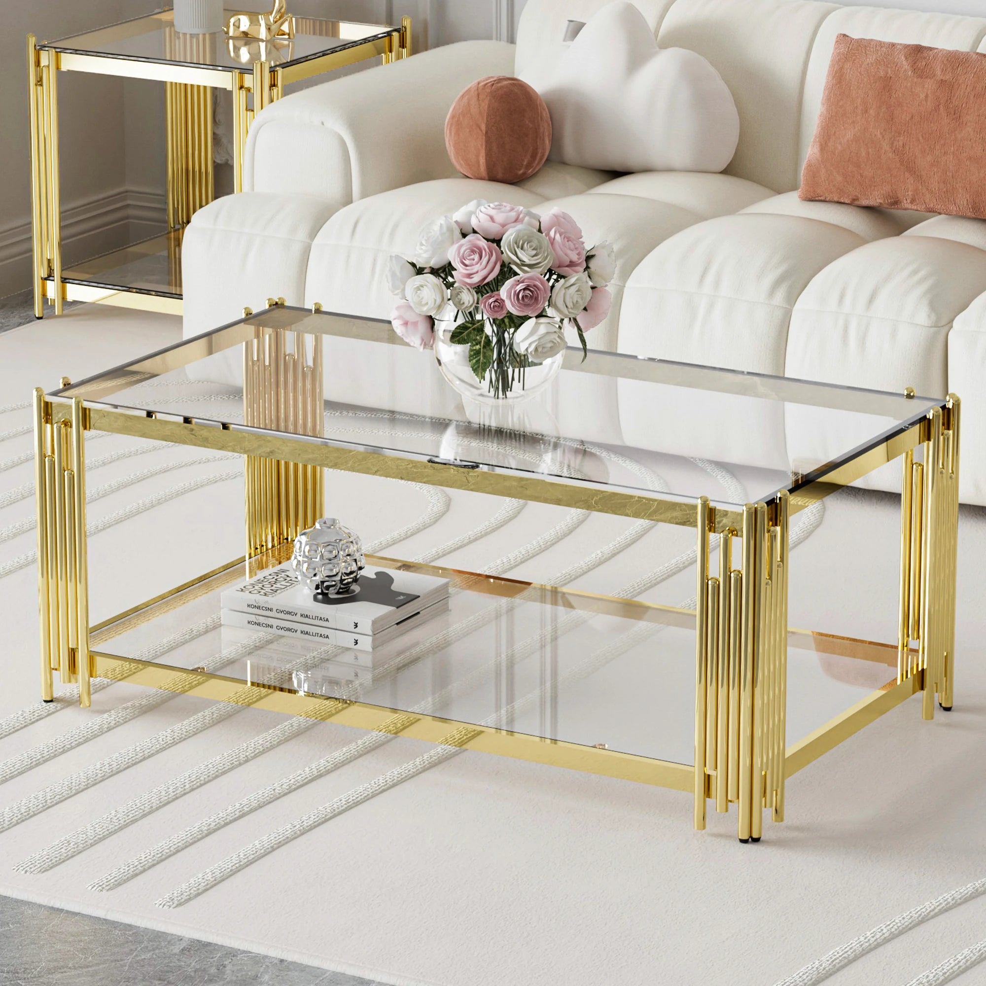 Modern luxury gold coffee table in the living room, stainless steel legs 8mm thick transparent tempered glass sofa table