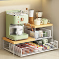 Space-Saving Kitchen Countertop Organizer with Drawer & Wire Basket - Sturdy Hardwood Shelf for Coffee Maker.