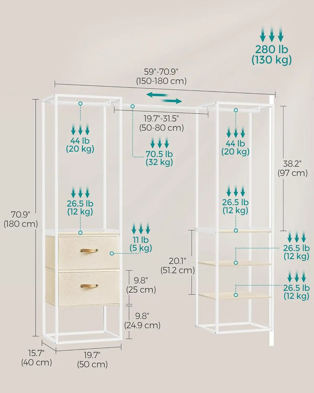 Songmics Clothes Rack, 70.9 Inch Wardrobe Freestanding Closet, Heavy Duty Garment Rack With 1 Extendable Hanging Rod, 2 Drawers