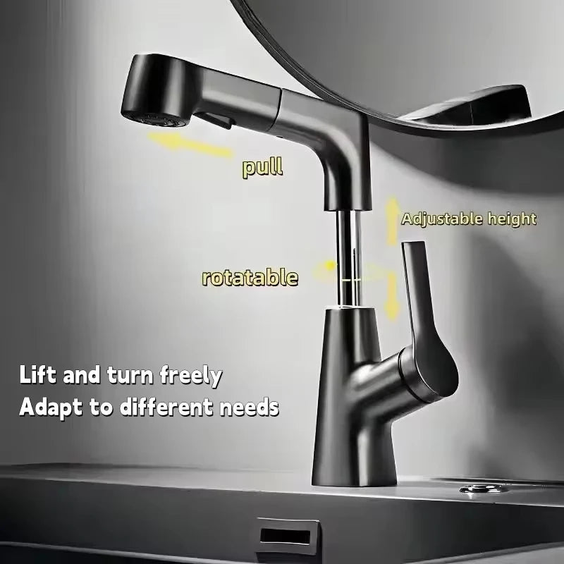 Bathroom Sink Faucet Lift Up Down Stream Sprayer Hot Cold Water Sink Mixer Wash Tap For Bathroom 360° Degree Rotation Tap