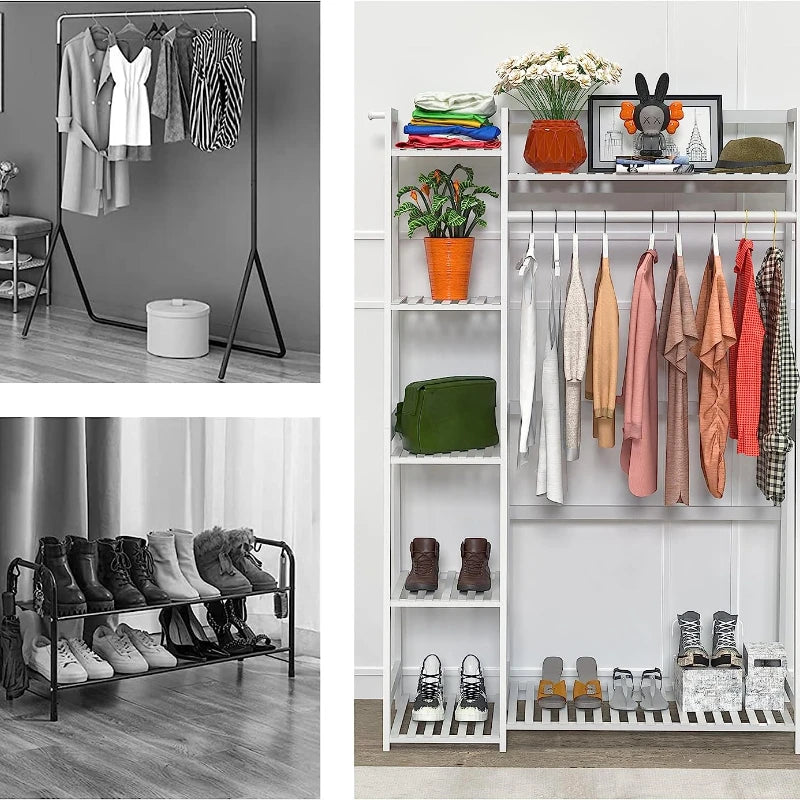 Bamboo Garment Rack with Shelves, Clothing Rack for Hanging Clothes, Freestanding Closet Organizer for Living Room Bedroom