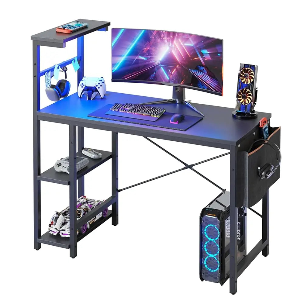 Gaming Desk With Led Lights, 44 H Pc Gamer Desk For Small Spaces, Computer Desk With Reversible Storage Shelves & Side Storage