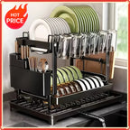 Large-Capacity Double-Layer Kitchen Storage Rack with Drainage, Lockable Metal Tableware Stand for Bowls, Kitchen Organizers