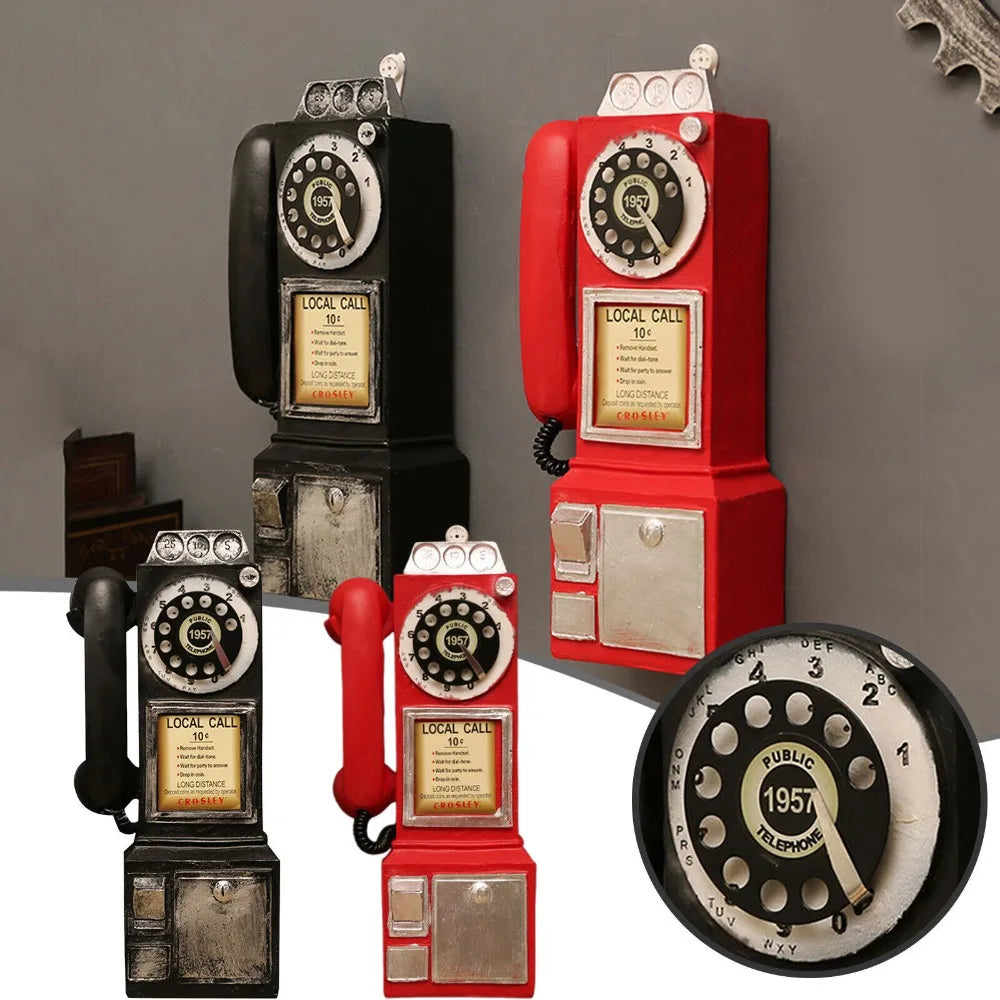 Vintage Wall-Mounted Resin Telephone Booth Figurine with Rotary Dial