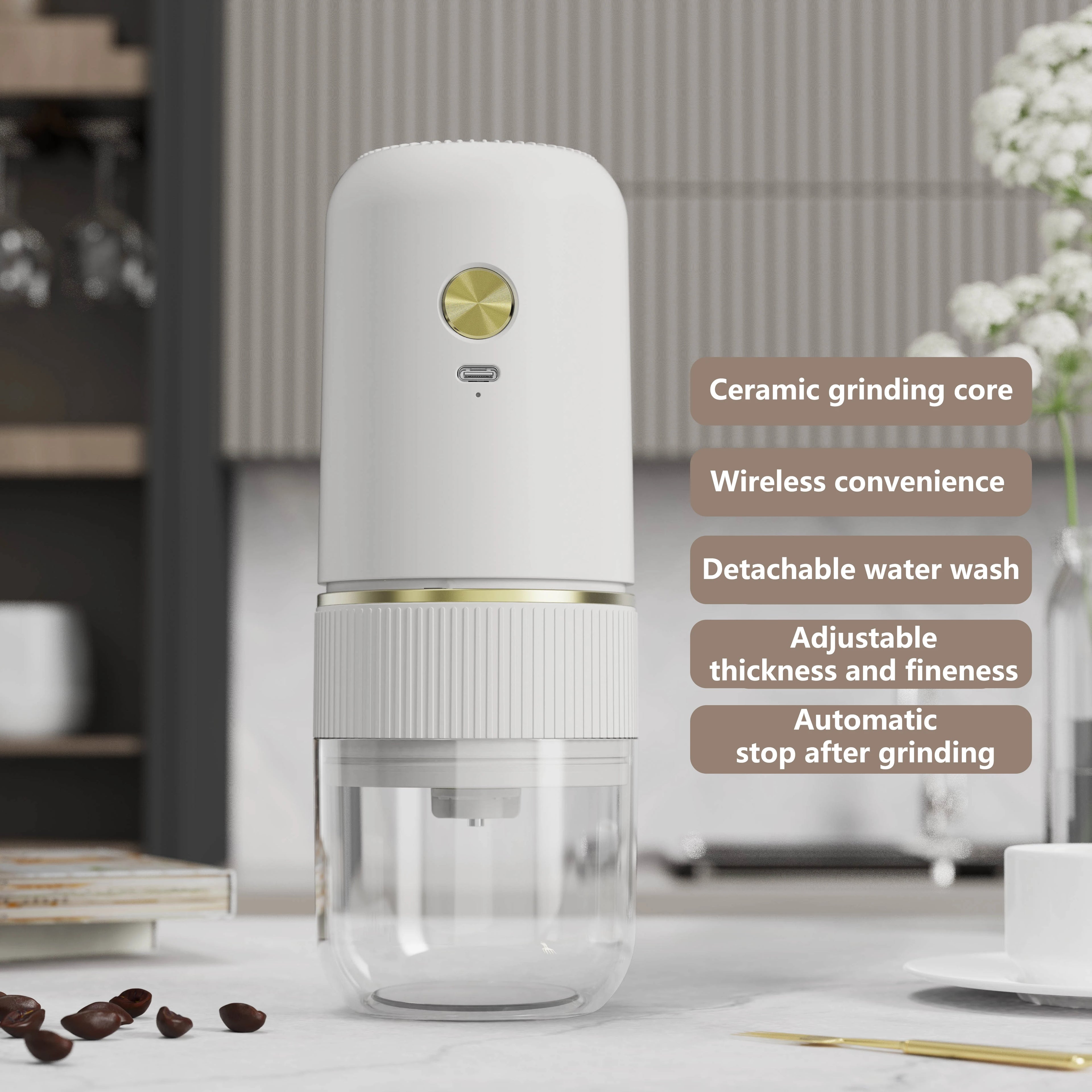 2024 New Electric Coffee Bean Grinder Ceramic Grinding Core Wireless Adjustable Automatic Electric Coffee Grinder Handheld Home