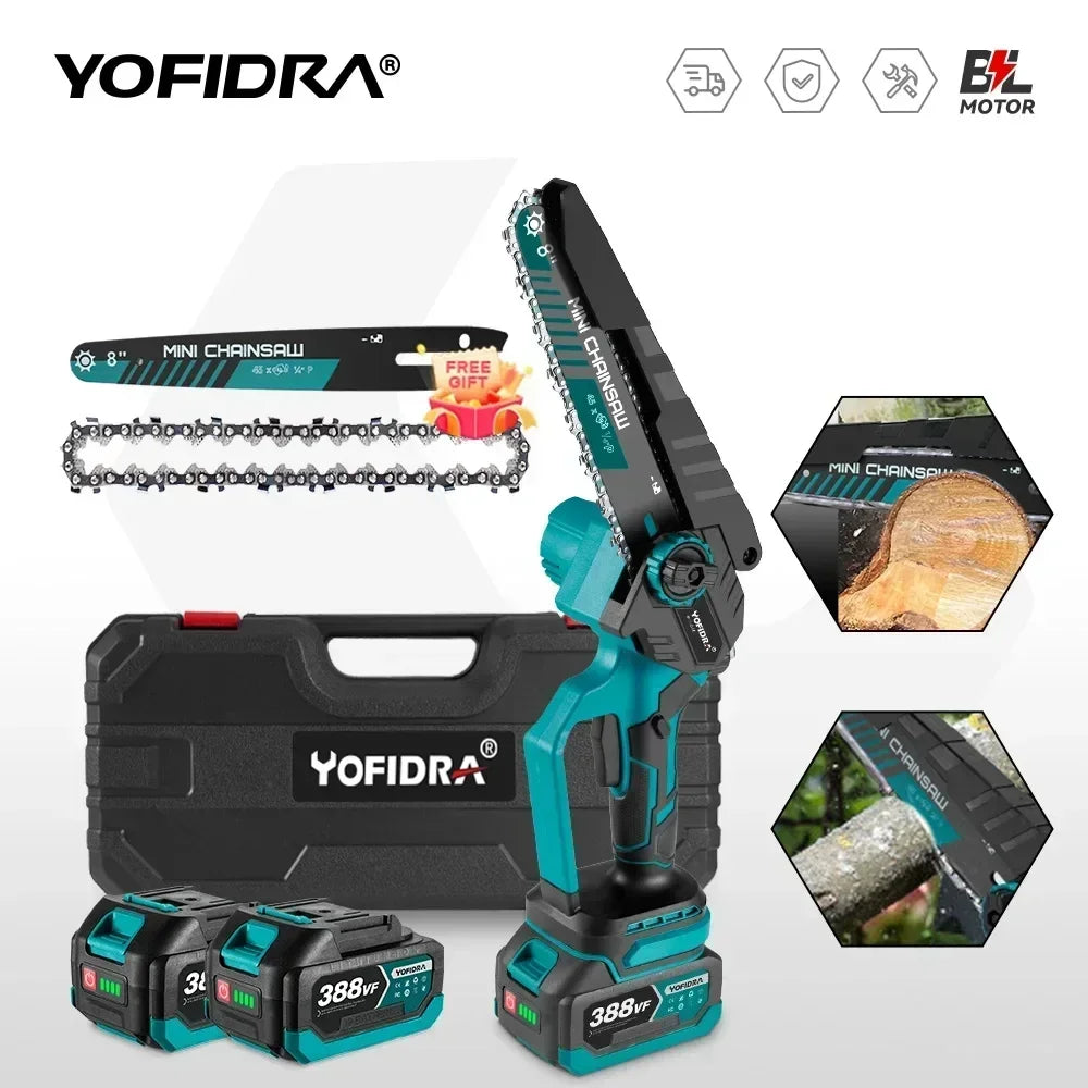 Yofidra 8 Inch Brushless Electric Chainsaw Cordless Rechargeable Woodworking Garden Pruning Saw Tool For Makita 18V Battery Pin