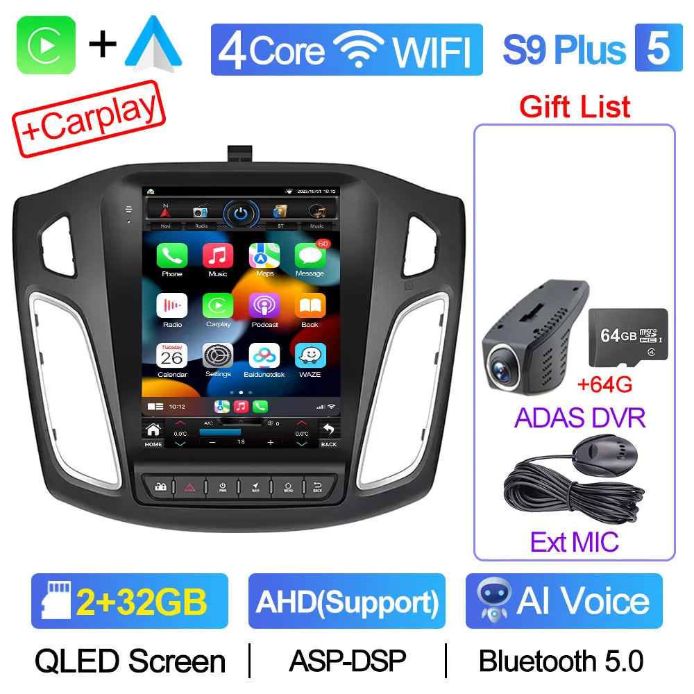 CAIXI GX9 Car Radio Multimedia Player for Ford Focus 3 Mk 3 2011 - 2019 Android 12 2din Carplay Auto Stereo GPS Vertical Tesla