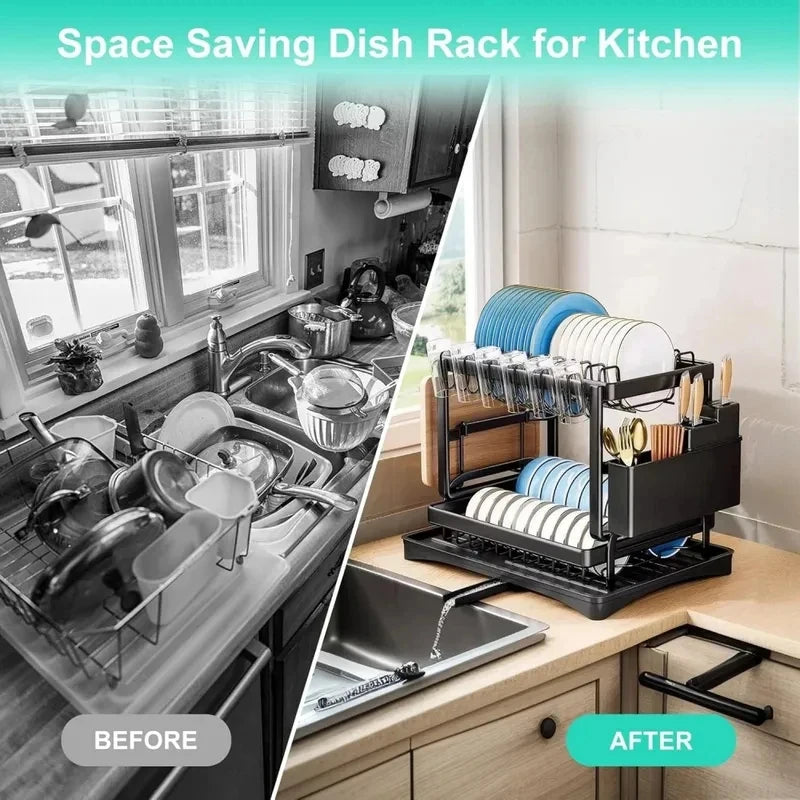 Kitchen Countertop Organizer 2-Tier Rustproof Metal Dish Drying Rack with Drain Tray Large Capacity