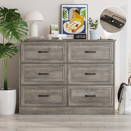 Vabches 6 Drawer Dresser for Bedroom Wood Chest of Drawers with Power Strip Tall Dresser Organizer with Metal Handle for Hallway