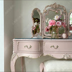 Retro old pink dresser Nordic European solid wood carving flower dressing table makeup stool glass combination