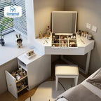 Modern Corner Dressing Vanity with Mirror and Makeup Vanity Set with Charging Station for Bedroom/Cloakroom Wooden Vanity Table