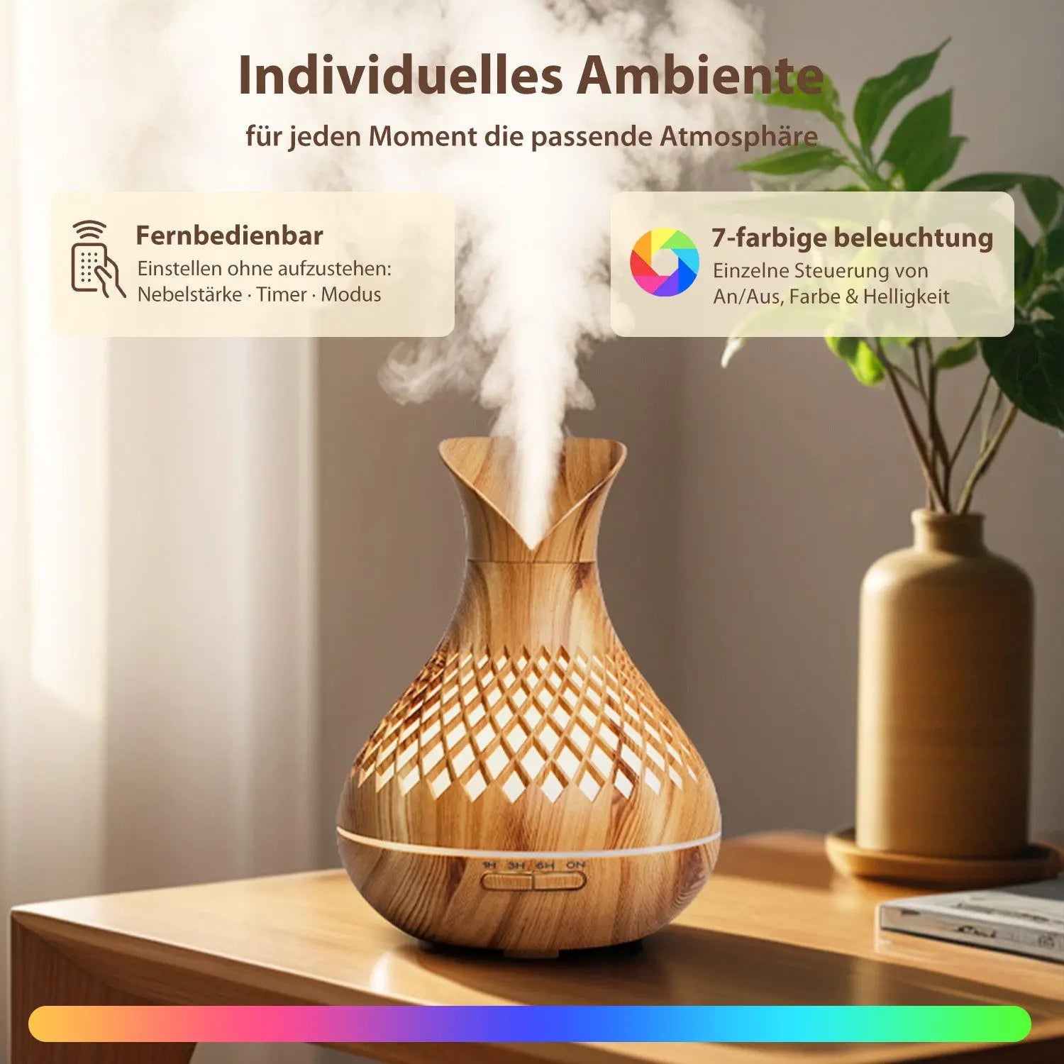 500ml Wood Grain Humidifier with Flowers, Quiet Aromatherapy Diffuser,