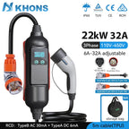 Khons Type2 EV Charger 22kw 32A Three-Phase Portable EV Charger EVSE Wallbox With Australian Industrial Plug For BYD Tesla Cars