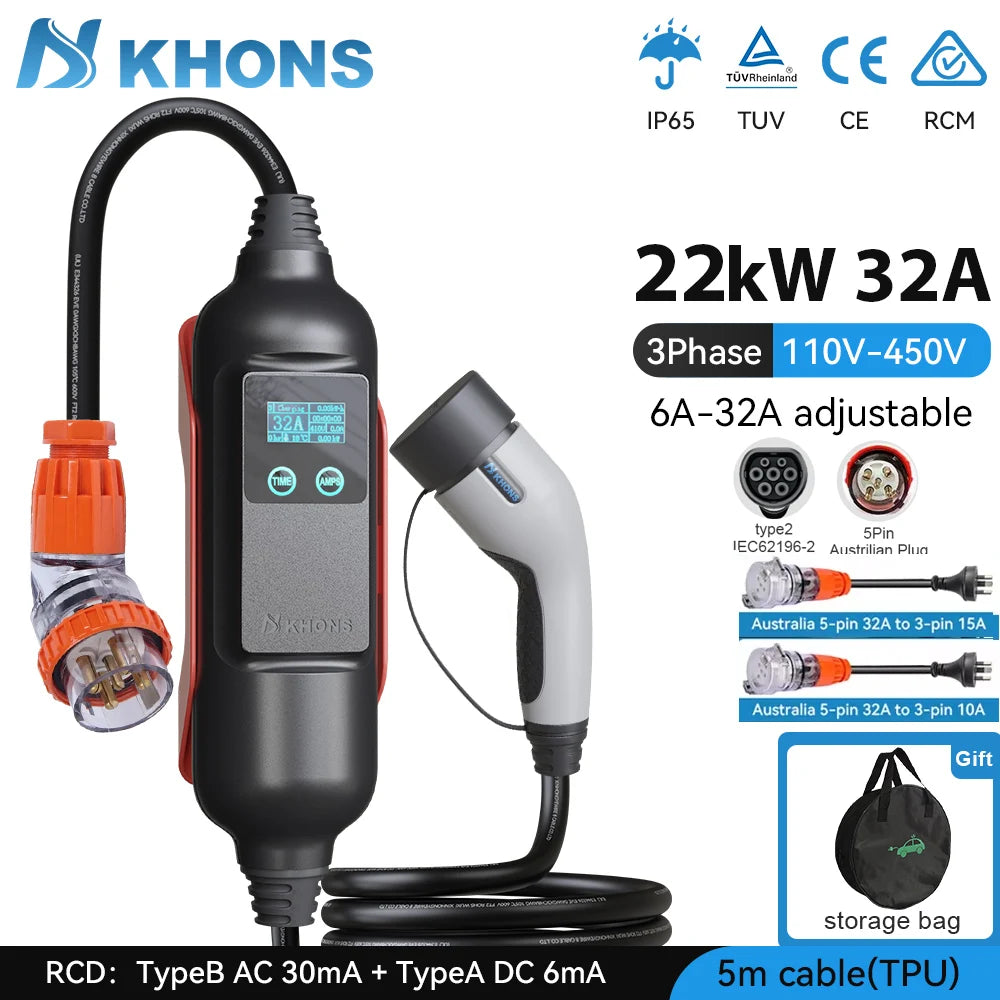 Khons Type2 EV Charger 22kw 32A Three-Phase Portable EV Charger EVSE Wallbox With Australian Industrial Plug For BYD Tesla Cars