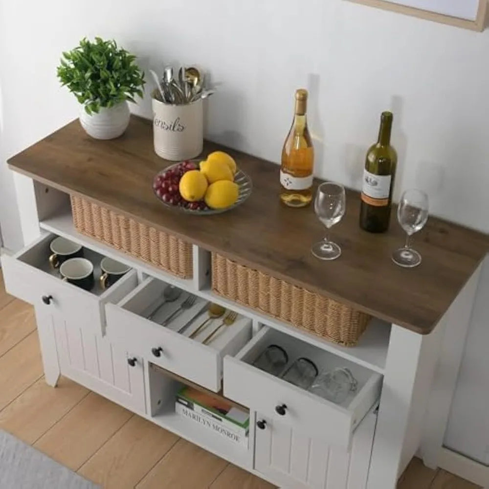 Farmhouse Coffee Bar Cabinet with Storage, 47 Inch Coffee Bar with 3 Drawers & 2 Doors, White Buffet Cabinet with Open Shelf,