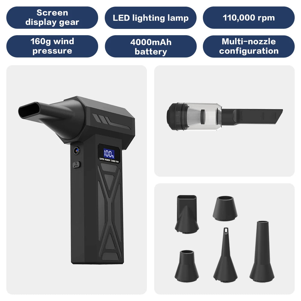 Turbo Jet Blower 9900000RPM 4-Gear Adjustment Portable Air Blower LED Lighting Battery Display Cordless Compressed Air Duster