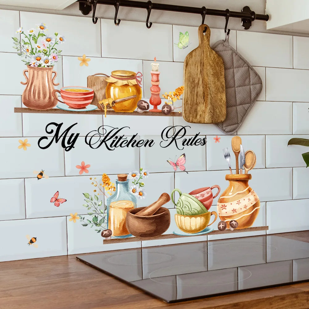 Cartoon Kitchen Utensils Pattern Wall Sticker For Kitchen Background Decoration Mural Restaurant Home Decor Self-adhesive Decals