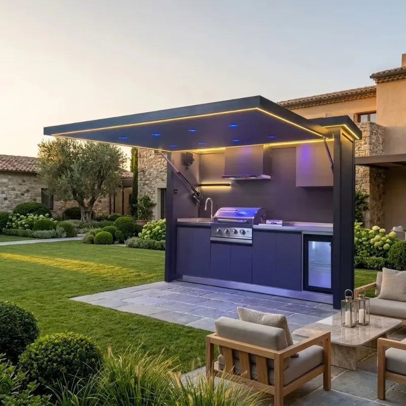 Customized heavy duty outdoor kitchen shed with built in barbecue cabinet for professional backyard cooking stations