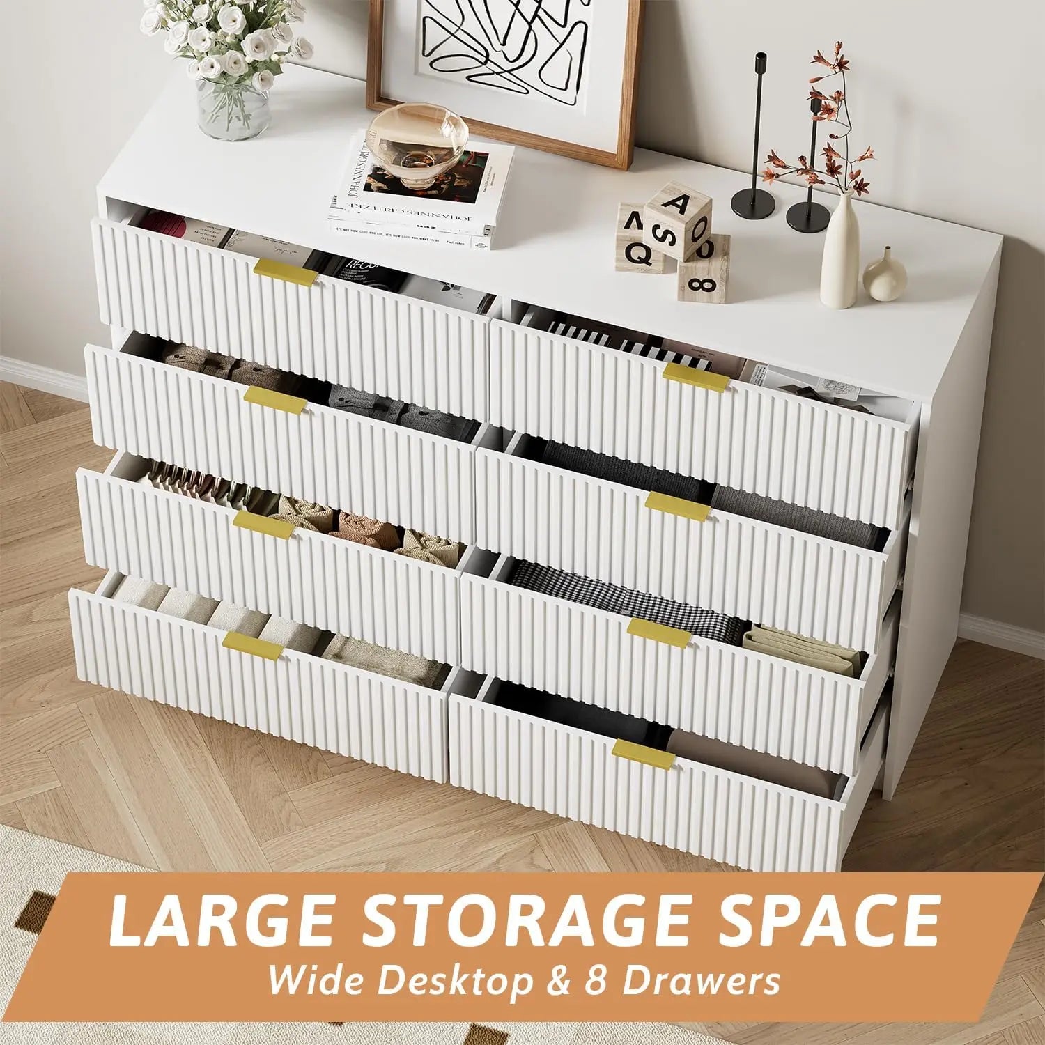 Large White Dresser with 8 Drawers, 55" Wide Dressers & Chests of Drawers with Large Capacity Storage
