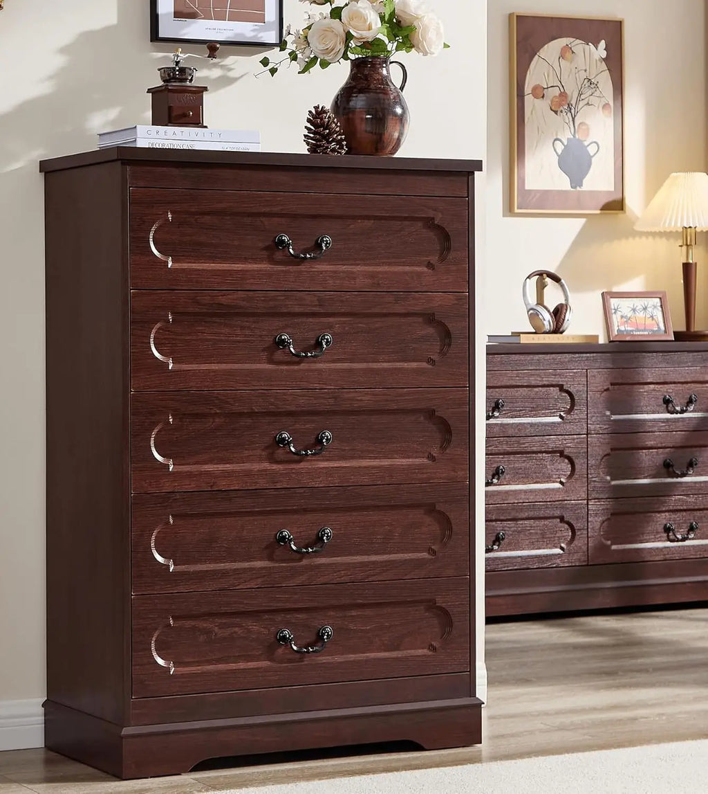 5 Drawer Dresser for Bedroom Farmhouse Cherry Wood Chest of Drawers for Bedroom Dresser, Rustic Wide Drawers Dressers