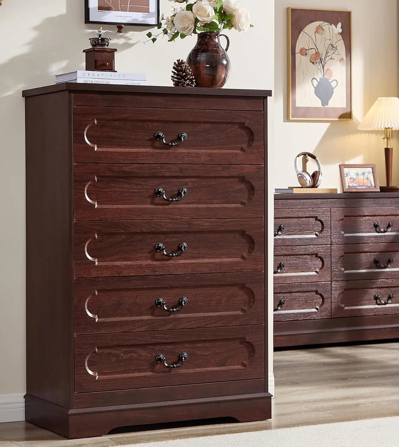 5 Drawer Dresser for Bedroom Farmhouse Cherry Wood Chest of Drawers for Bedroom Dresser, Rustic Wide Drawers Dressers