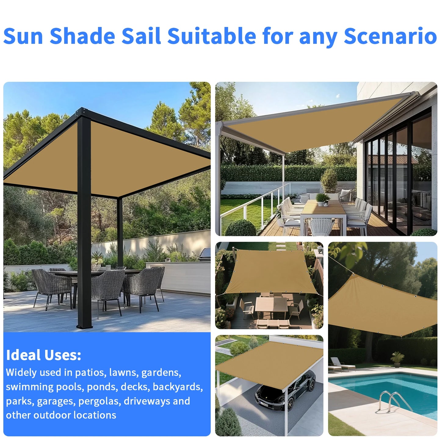 Waterproof Sun Shade Cloth with Grommets Rectangle Square Patio Sun Screen Pergola Shade Sail Canopy Cover Tarp Screens