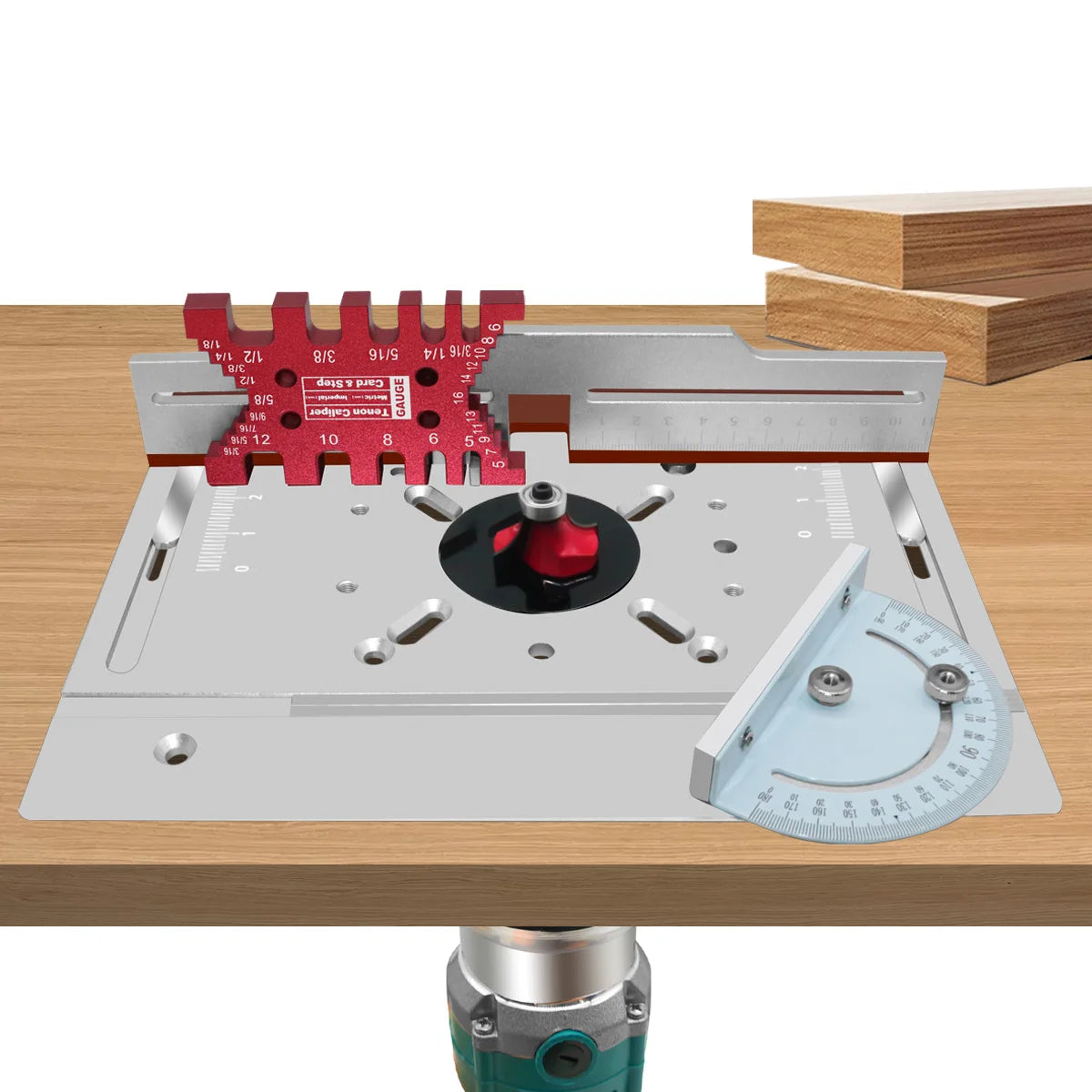 Router Lift -Aluminium Router Table Insert Plate with Tenoning Fence Electric Wood Milling Flip Board with Miter Gauge Guide Kit