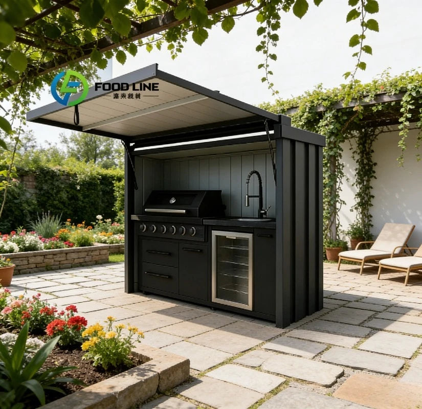 Multi Functional Outdoor Bbq Kitchen With Shed Combined Cooking Area And Storage Room For Backyard Use