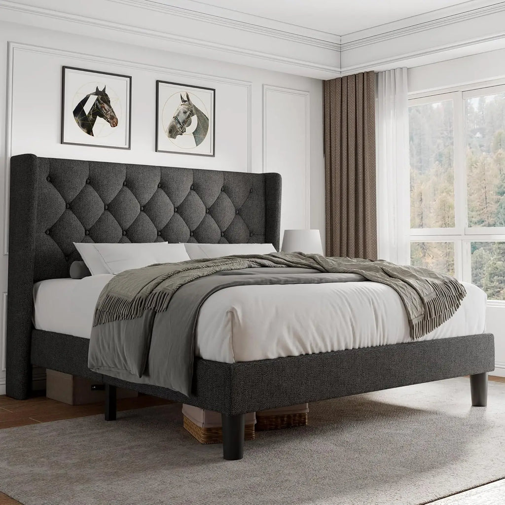 Velvet Platform Bed Frame with Button Tufted Headboard, Upholstered Bed Frame with Solid Wooden Slats, 8" Underbed Space