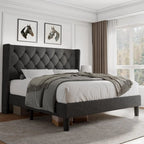 Velvet Platform Bed Frame with Button Tufted Headboard, Upholstered Bed Frame with Solid Wooden Slats, 8" Underbed Space