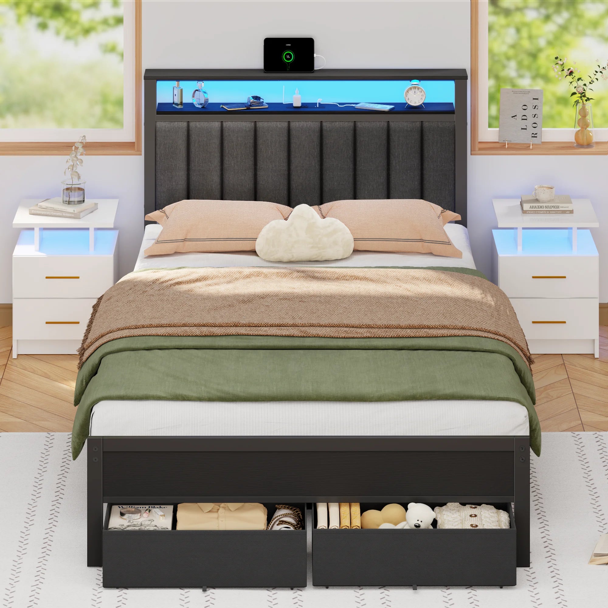 Satifur Full Bed Frames with Charging Station,LED Lights,2 Storage,Grey Upholstered Headboard with Shelves, Metal Platform Bed