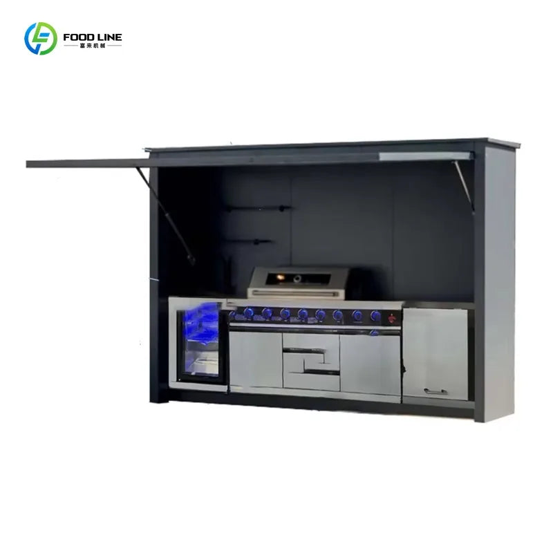 Customized modern premium outdoor kitchen unit eco friendly aluminum modular cabinets grill sink fridge and 6 burner gas stove