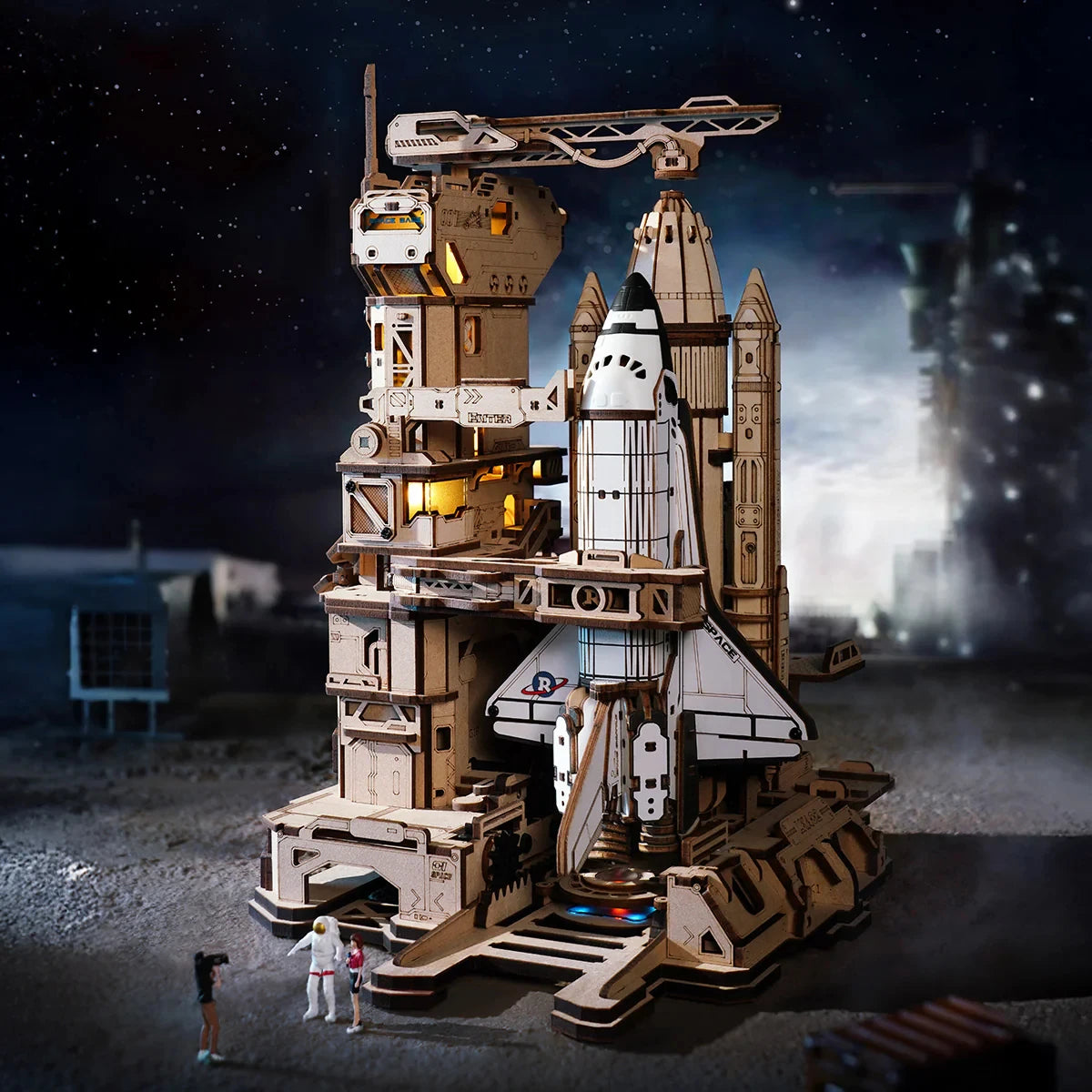 ROKR Space Shuttle 3D Wooden Puzzle Moving Rocket Launch Tower with Lights Mechanical Building Set STEM Project for Adults Teens
