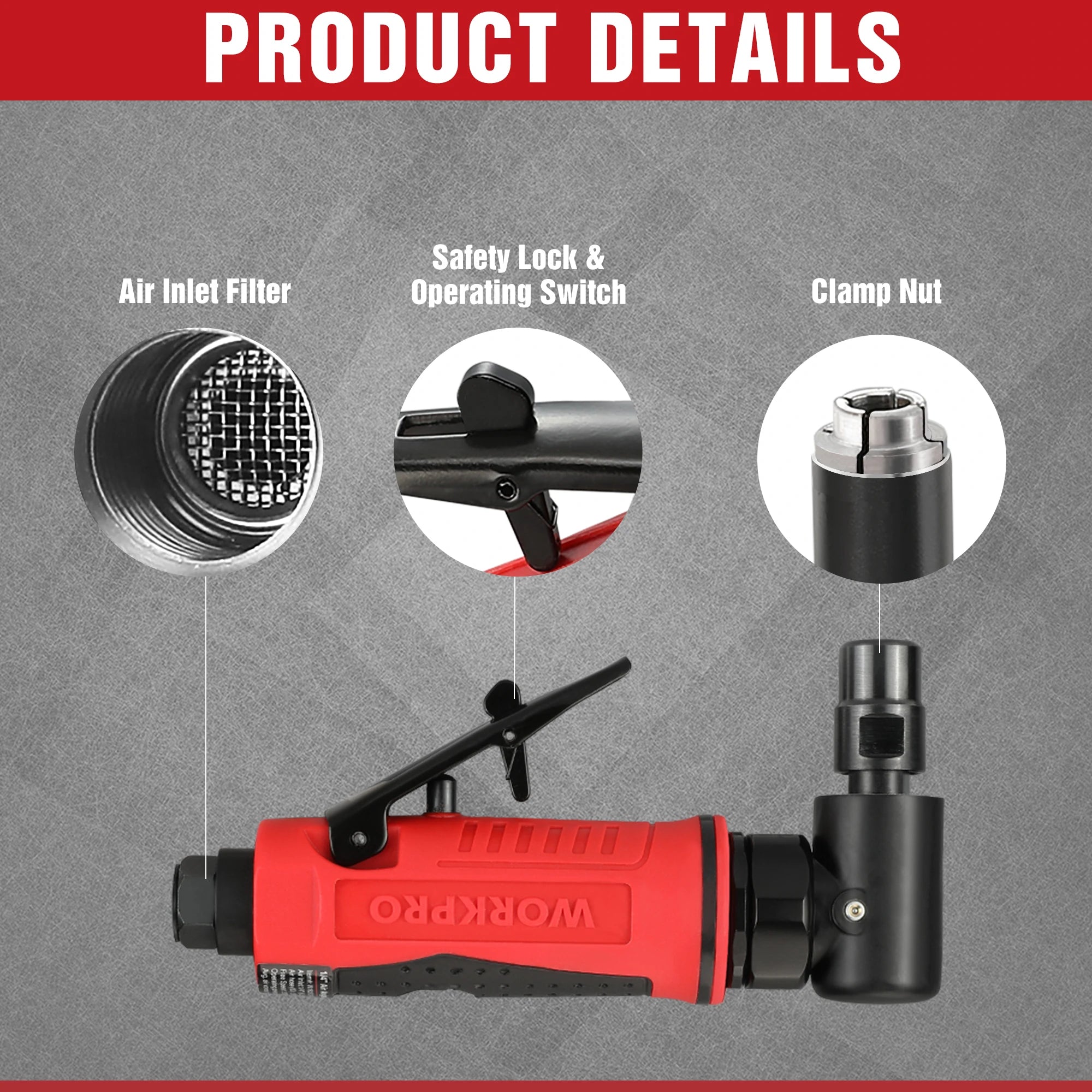 WORKPRO Air Angle Die Grinder 1/4'' Pneumatic Right Pneumatic Angle Grinder Air-Powered 90 Degree for Grinding Cutting Polishing