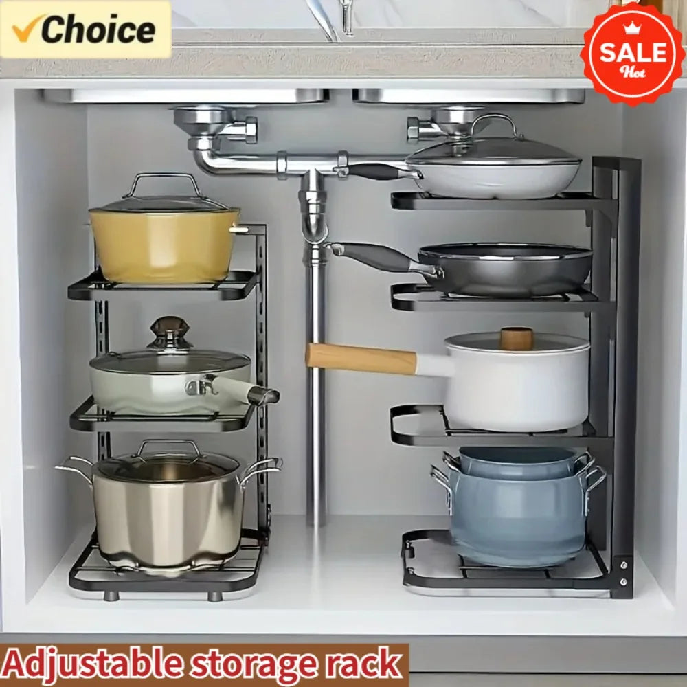 Kitchen Pot Rack Adjustable Multi-layer Under Sink Organizer Heavy Duty Cabinet Pan Holder Kitchen Storage Shelf for Cookware
