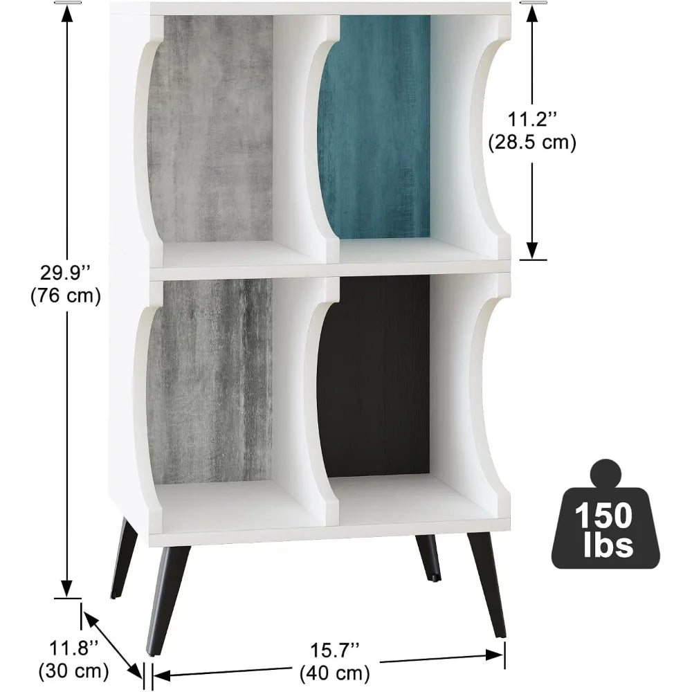 4 Cube Bookcase,White Open Cube Small Bookshelf Circle Arc Storage Shelf Display Cabinet,2 Tiers Modern Wooden Bookcase